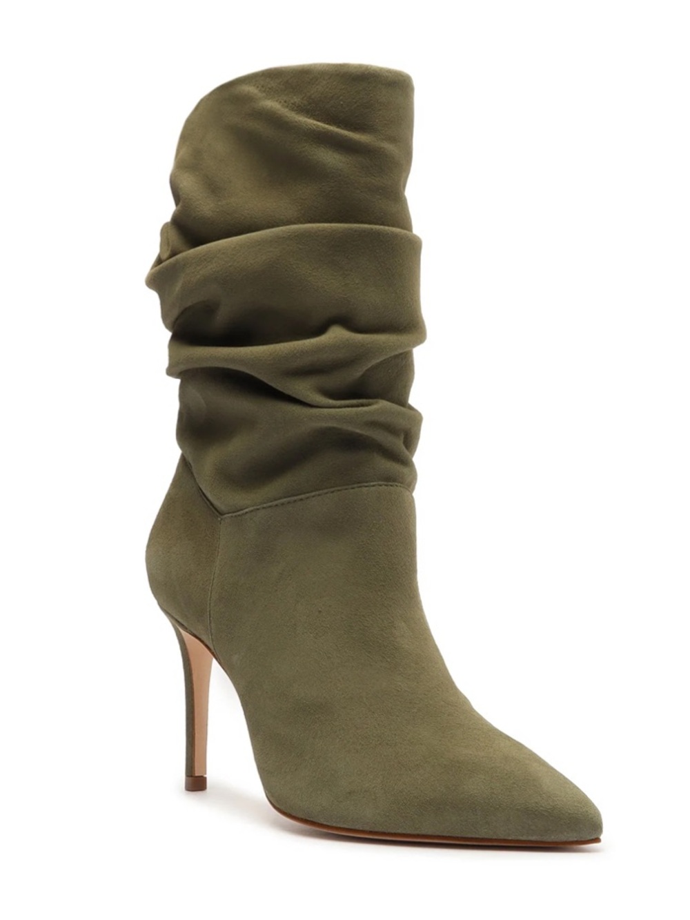 SCHUTZ Ashlee Olive Green Suede Slouchy Pointed-Toe Stiletto Boots | size 9.5